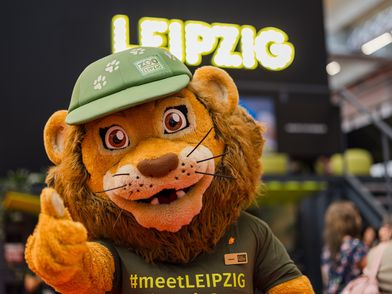 Zoo Mascot Tammi at the Leipzig Stand at IMEX for meeting & conference Leipzig convention
