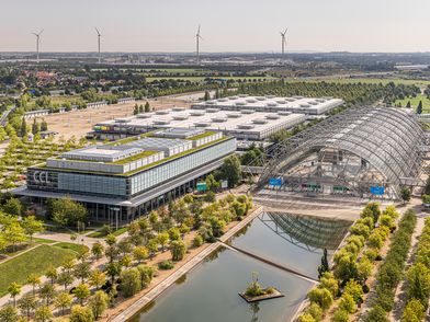 Blick auf die Leipziger Messe und das CCL aus der Vogelperspektive.