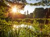 Tagung & Konferenz Leipzig Convention: Johannapark mit Teich und City-Hochhaus und Neues Rathaus im Hintergrund bei Sonnenaufgang